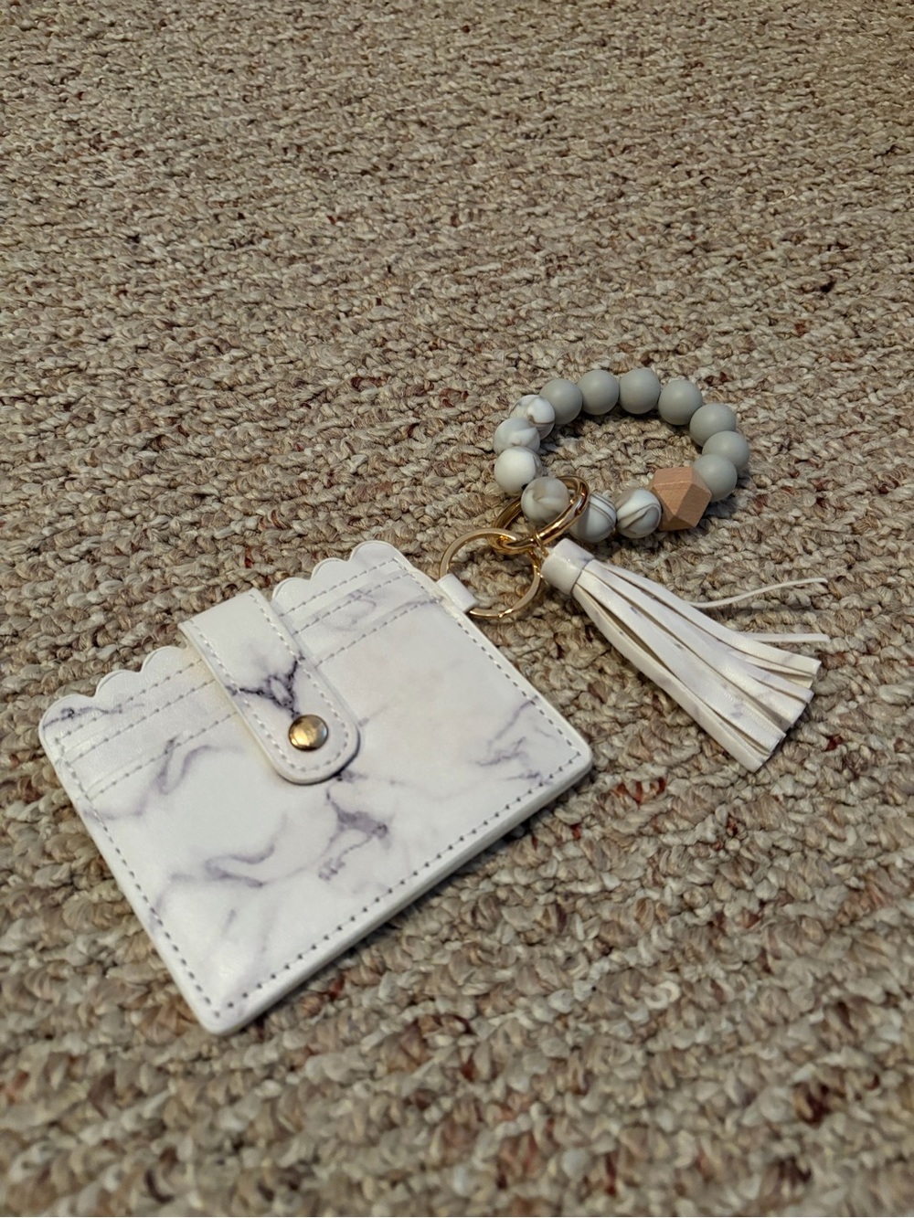 Marble Print Card Holder Keychain with White Beaded Tassel